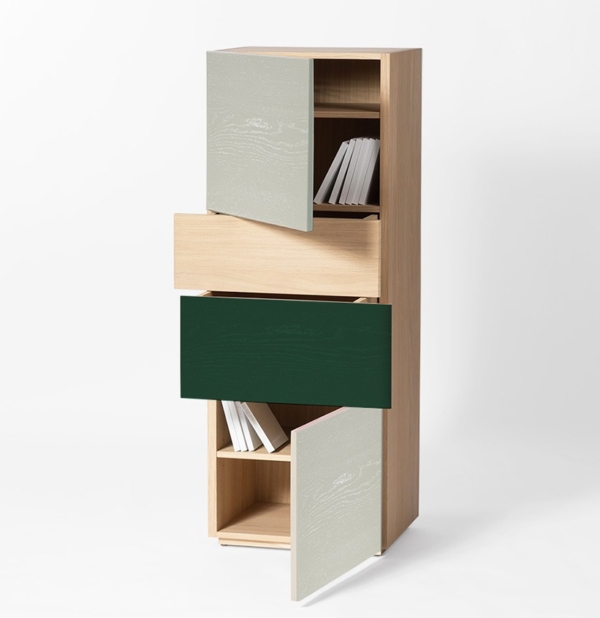 colonne de rangement nuance de vert bois massif clair design Drugeot