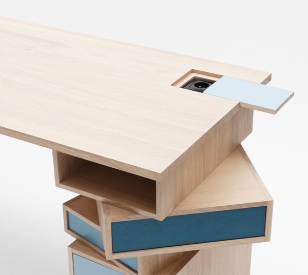 Bureau bois prise intégrée nuance de bleu meuble artisanat français Drugeot