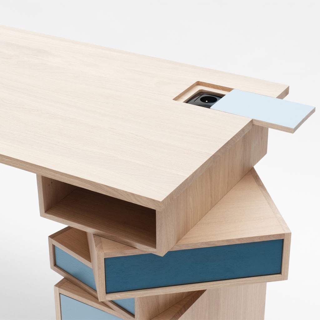 Bureau bois prise intégrée nuance de bleu meuble artisanat français Drugeot