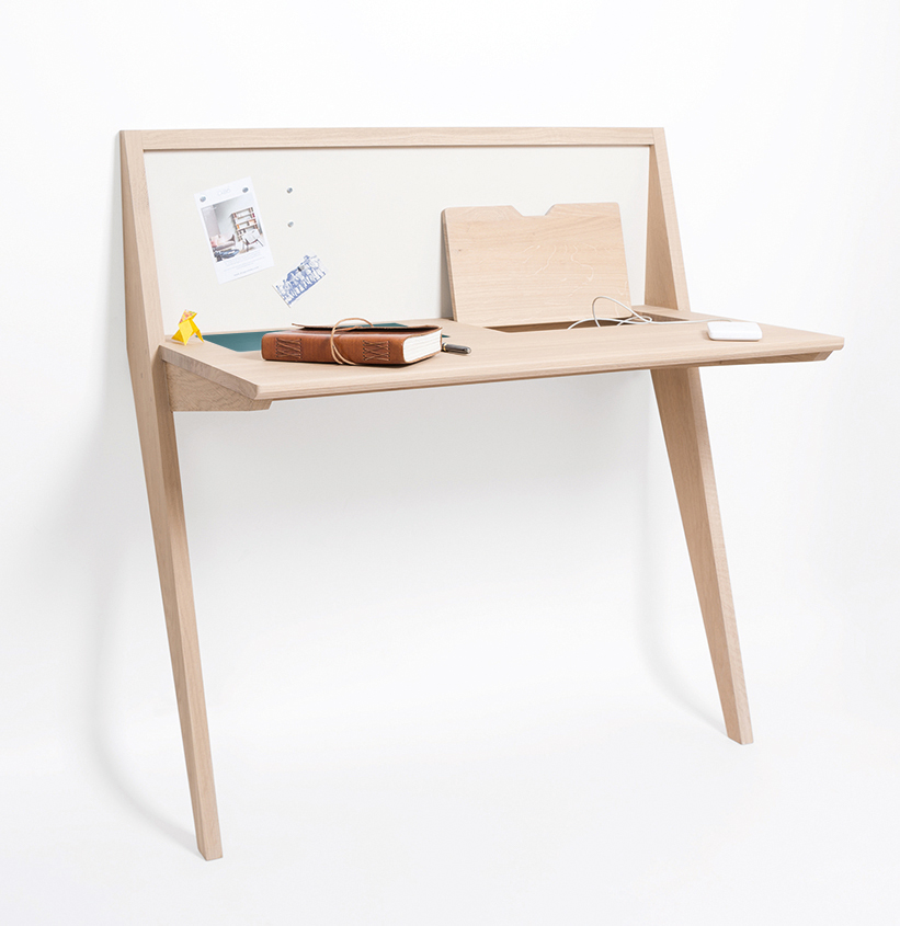 bureau mural trépied gain de place avec trappes de rangement dissimulées et surface aimantée Compas Drugeot Manufacture