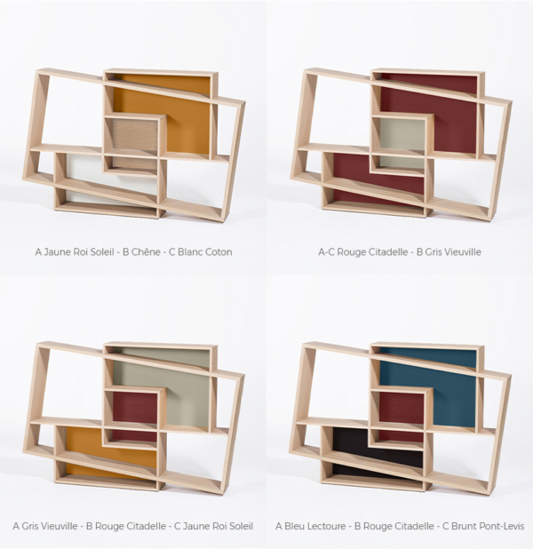 configuration couleurs association bois rouge jaune bleu console petite bibliothèque personnalisable bois massif