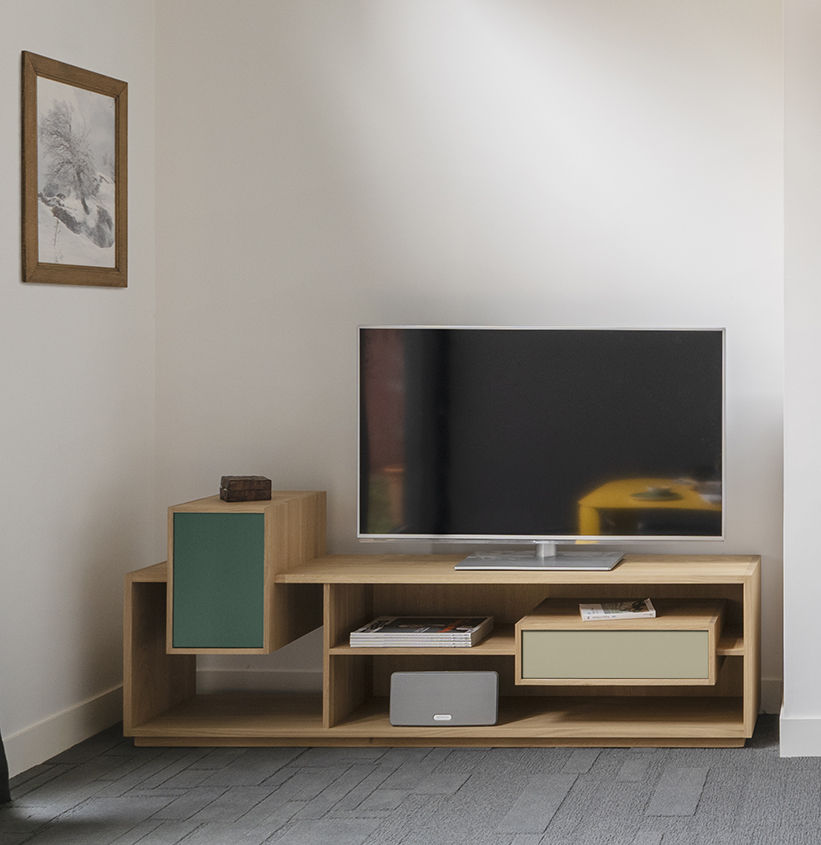 Meuble TV salon chene vert sauge gris lin