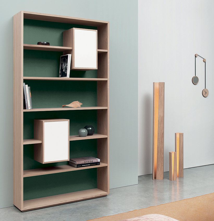 bibliothèque made in France Mixage 100 Bibliothèque avec niche rangement fermé rectangulaire Mixage 100 chêne massif couleur personnalisable blanc nacré vert sauge