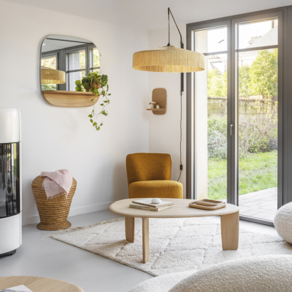 décoration salon bois massif table basse organique miroir tablette Téhème