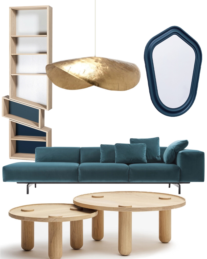 décoration salon canapé bleu meuble bois chêne laiton