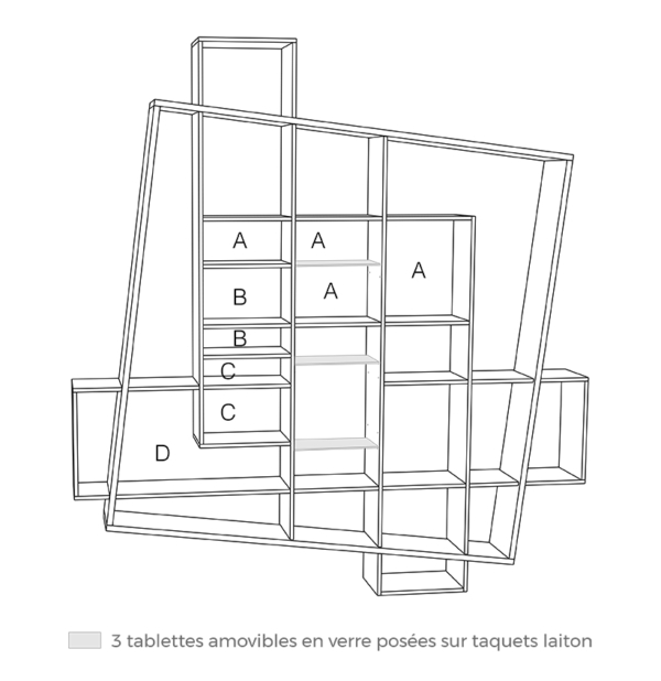 La bibliothèque FRISCO est livrée avec 3 tablettes en verre amovibles pour personnaliser le meuble selon vos besoins (6 hauteurs possibles dans la colonne centrale grâce à des taquets)