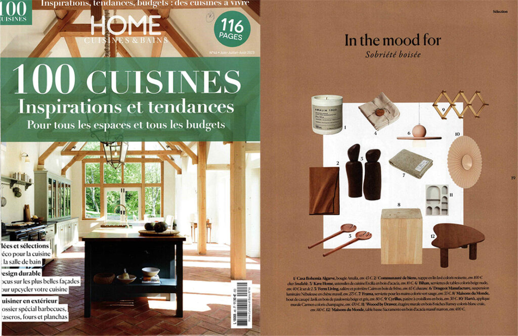 article magazine Home cuisines et bains in the mood for sobriété boisée sélection accessoires bois massif